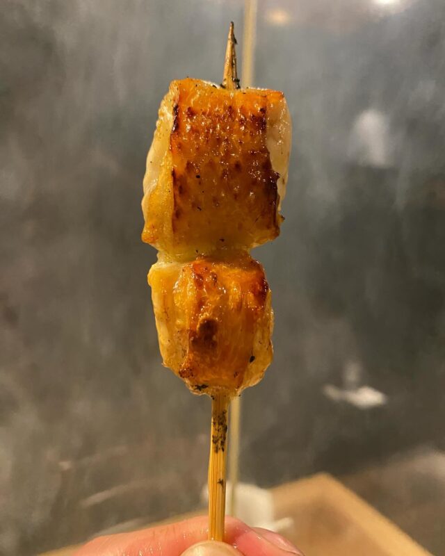 最近、焼き加減についてなにを基準に判断しているのかを聞かれることが多くなった気がします。それだけ焼鳥に興味を持ってくださるお客様が増えたということ、とても嬉しいことです。ざっくり言うと目、耳、鼻、指先です。目で見て判断するのは誰でもそうだと思いますが、焼鳥屋さんの焼き手の方は炭に脂が落ちたときの音、ネタからジリジリ脂が浮き出るときの音（焦げ始めると音が変わります。ギリギリの聴き分けが大事）焦げつく直前の香ばしい香り（焦げ始めると苦い香りになります）このあたりで判断している思います。ただこれは香ばしさを出すために皮や脂身を強く焼いている時の判断材料にはなりますが、どれだけ中に火が入っているかの判断材料としては充分ではありません。そこで自分が大事だと思っているのが指先の感覚です。焼鳥業界では、串を肉のど真ん中に打って上下左右の重さを均等にして、焼いている最中に串が重い方にクルクルひっくり返ってしまうのを防ぐことで思い通りに焼きやすい、上手に焼けるという考えが常識のようになっています。人それぞれのスタイルなのでしょうが、自分はこの考えにはあまり賛成ではありません。皮がついている面とついていない面皮をバリッと焼くために皮面を長時間焼きます。その間に皮目からジワジワと身にも火がはいるので、身の面は短時間。王道の焼き方ですが、この焼き方をして一番最後に火が入っていくのは一本のネタのド真ん中ではないはず。中心より少し下。（皮面じゃない方）これと指先の感覚の何が関係するかというと、生肉を串に打ってクルクルひっくり返すと、指先の動きと肉の動きに若干の時間差があります。（でんでん太鼓的な）そこに火が入ってくるとその時間差というか誤差が小さくなっていきます。（肉は火が通ると硬くなって行くため、指の動きと連動して動くようになります）部位によって違うのですが、焼いた時に一番最後に火が入っていく場所に串を通すことで、串を返す際指先の感覚でどれだけ中に火が入っているのかを確認しています。基本が一番大事だということは理解しているつもりですが、そこからどう自分の形に繋げるか、応用するかがそのお店の味、特徴につながると思いながら日々取り組んでおります。是非一度、体感しにお越しください。住所神戸市東灘区御影中町1-4-5 ファースト御影1FTEL078-842-8777#神戸グルメ #神戸ディナー #御影 #御影グルメ #御影ディナー #阪神御影 #神戸焼鳥 #神戸焼き鳥 #焼鳥 #焼き鳥 #焼鳥好きな人と繋がりたい #焼鳥好きと繋がりたい #和食 #鶏料理 #東灘区 #東灘グルメ